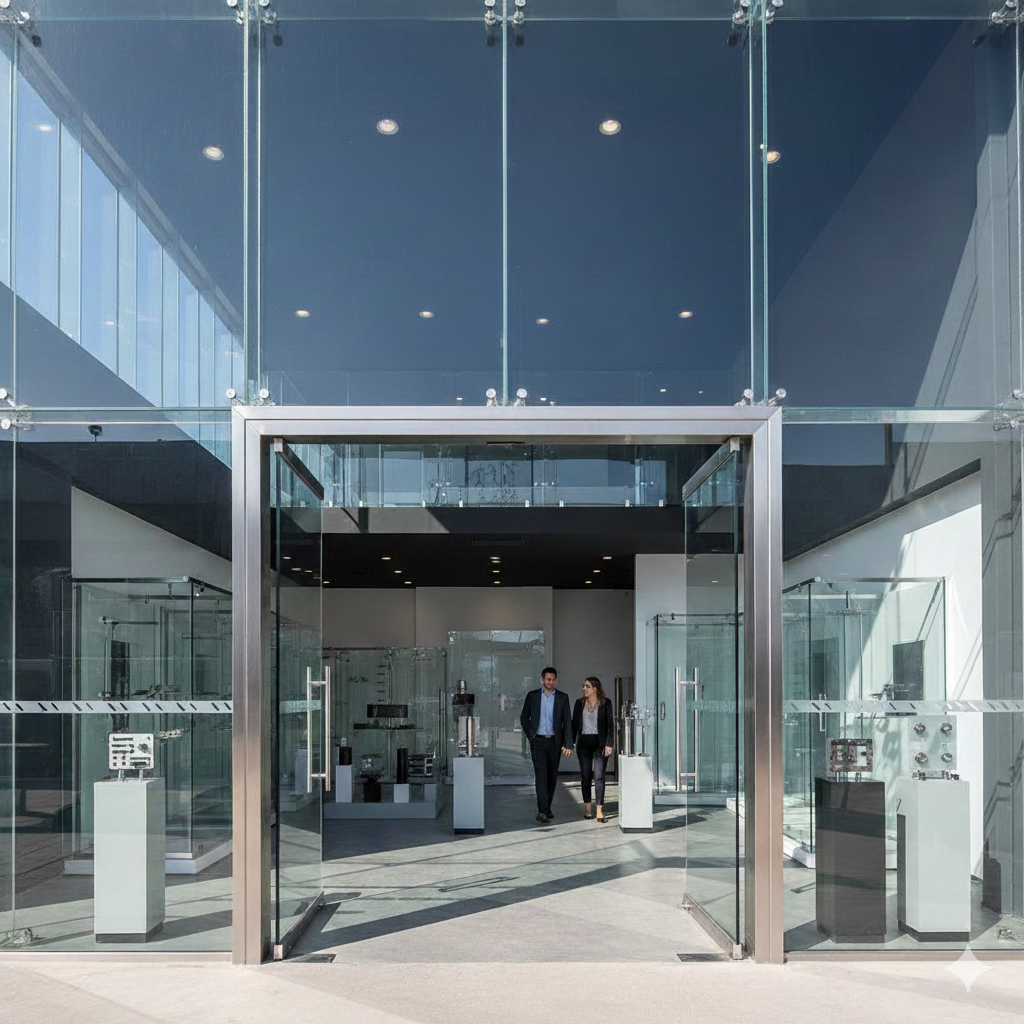 Fachada arquitectónica en vidrio templado con herrajes premium