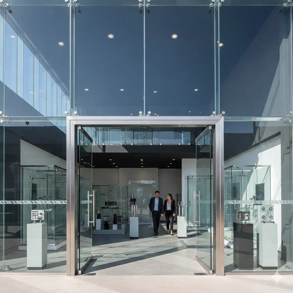 Fachada arquitectónica en vidrio templado con herrajes premium